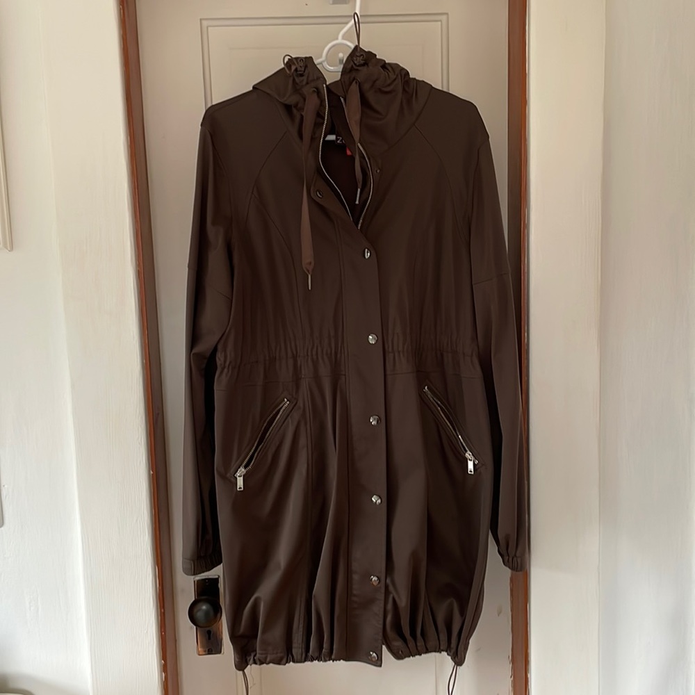 Chocolate brown hooded Zella jacket, hits mid-thigh